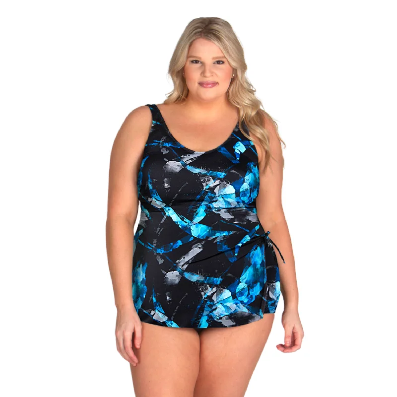 Front Skirted Plus Size Swimsuit - Azure Brushstrokes