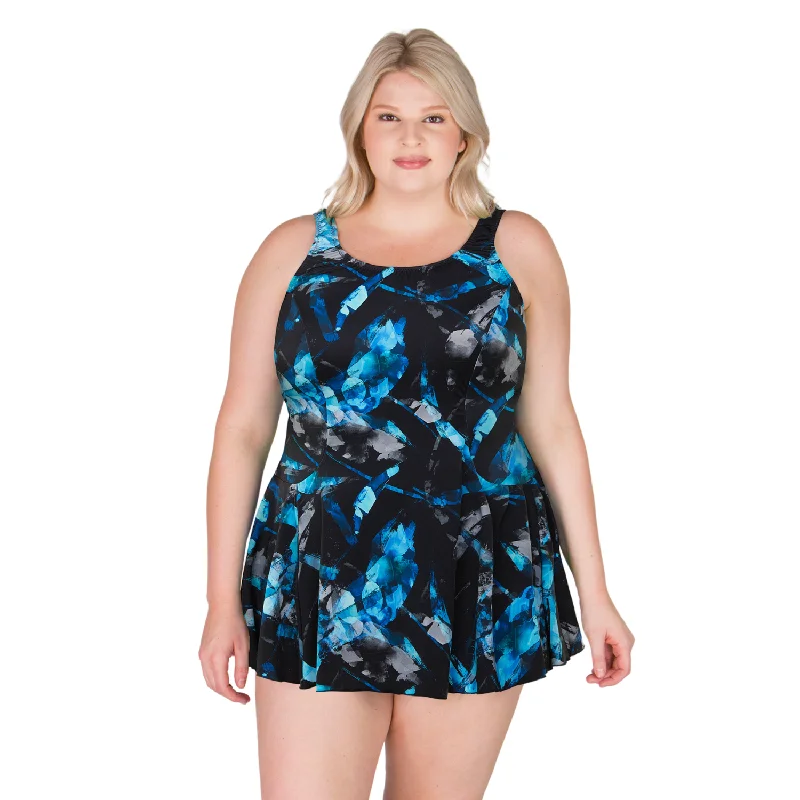 T.H.E. Women's Plus Size Swimdress - Azure Brushstrokes