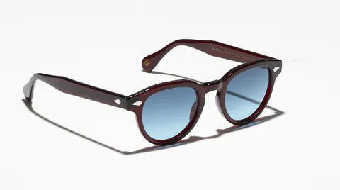 Lightweight wraparound sunglasses-Moscot Maydela Burgundy Denim Blue 49