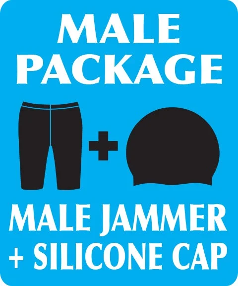 New Rochelle YMCA Male Package - Speedo Swimsuit (SPEEDO Launch Splice Jammer) and (2 Personalized Silicone Team Swim Caps)