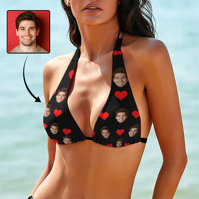 Mesh-panel bikini set-Personalized Face Bikini Top&Bottom Swimsuit Custom Face Red Heart Black Bikini