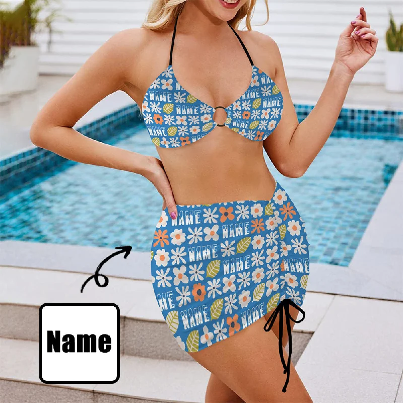 Geometric tropical bikini-Personalized Name Women Swimsuit Custom Women's Drawstring Halterneck Three-PieceSwimsuit Skirt With Text