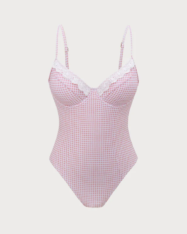 Pink Plaid Lace One-Piece Swimsuit