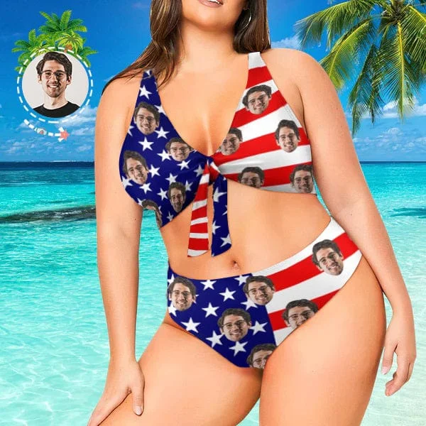 Reversible solid bikini-Plus Size Bikini Custom Face American Flag Chest Strap High Waisted Bikini Plus Size Swimwear Women's Two Piece Swimsuit Personalized Bathing Suit Summer Beach Pool Outfits