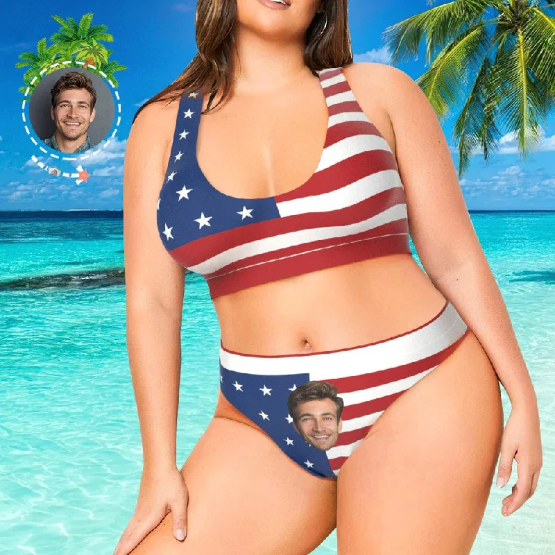 Bold neon bikini suit-#Plus Size Sport Bikini-Custom Face American Flag Plus Size Swimsuit Scoop Neck Sport Top High Waisted Bikini Plus Size Swimwear Personalized Women's Two Piece Swimsuit Beach Outfits