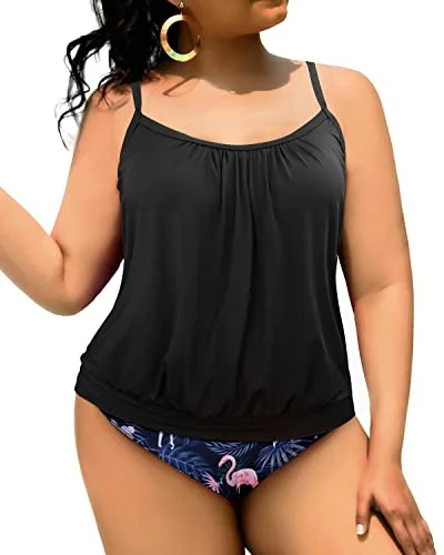 Plus Size Two Piece Tankini Swimsuits for Women Blouson Tankini Tops with Swim Bottoms