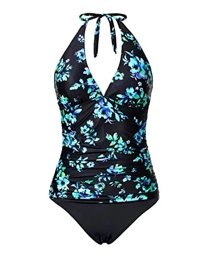 Pregnant Women Cover Belly Two Piece Tankini Swimsuit-Black Blue Floral