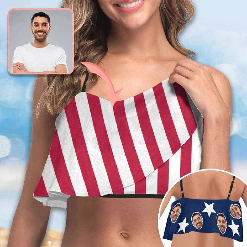 Tie-side striped bikini-Ruffle Bikini Top-Custom Face USA Flag Personalized Bikini Swimsuit Top