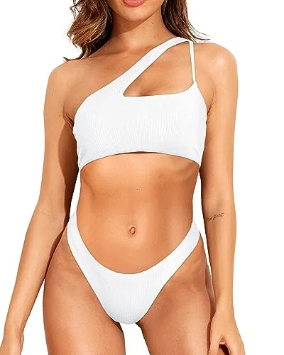 Sexy Swimwear Ribbed One Shoulder Bikini Sets