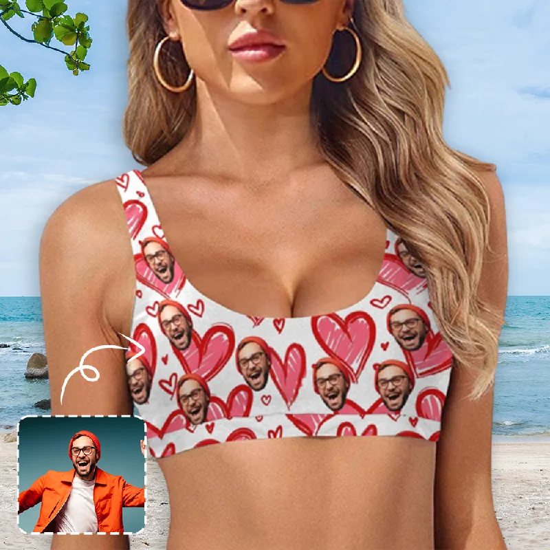 Bright solid bikini set-Sport Top-Custom Boyfriend Face Personalized Pink Sweet Heart Bikini Swimsuit Top