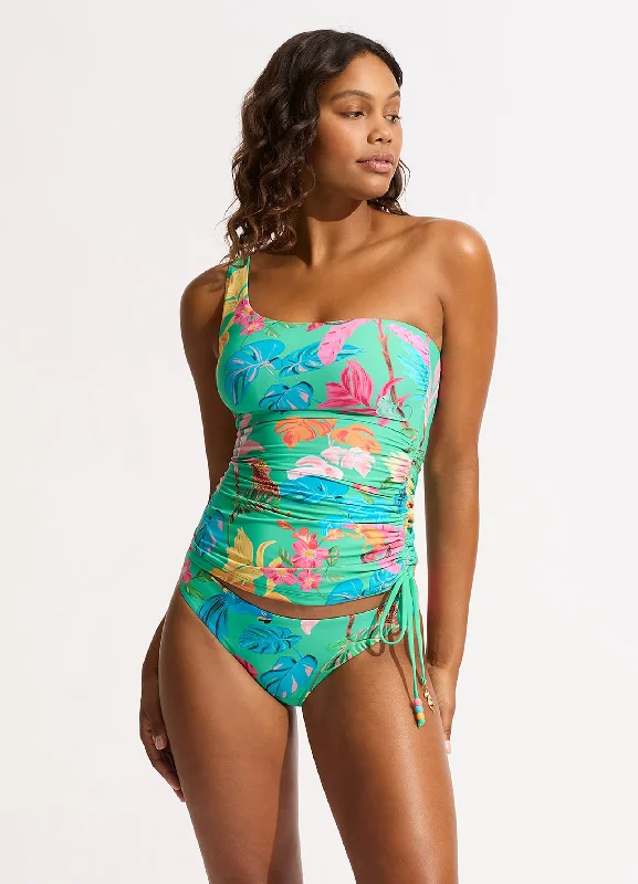 Tie-front tropical bikini-Tropica One Shoulder Tankini Top - Jade