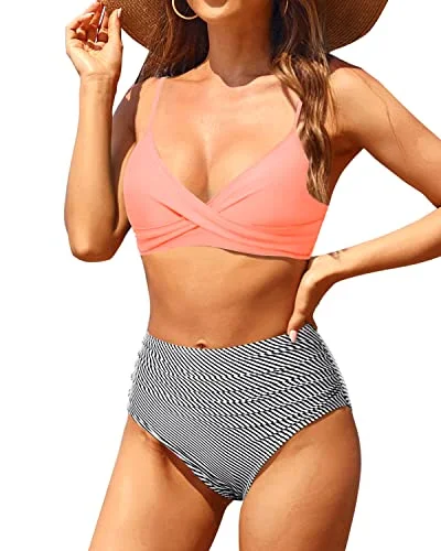 Push Up Twist Swim Top With Bottoms Two Piece Bikini Set-Coral Pink Stripe