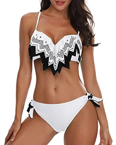 Sexy Bathing Suits With Push Up Underwire Bikini Top & Side Tie Bikini Bottom-White And Black