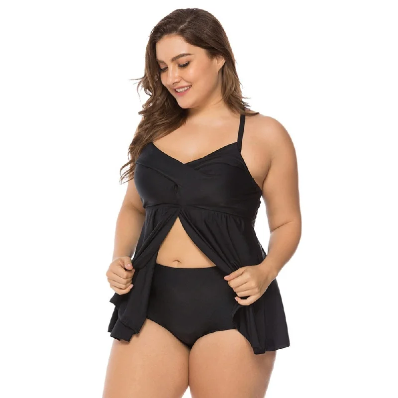 Two Piece Retro Tankini Swimwear - Black