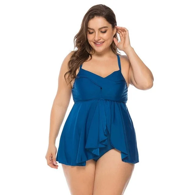 Plus Size Vintage Tankini Swimwear - Blue