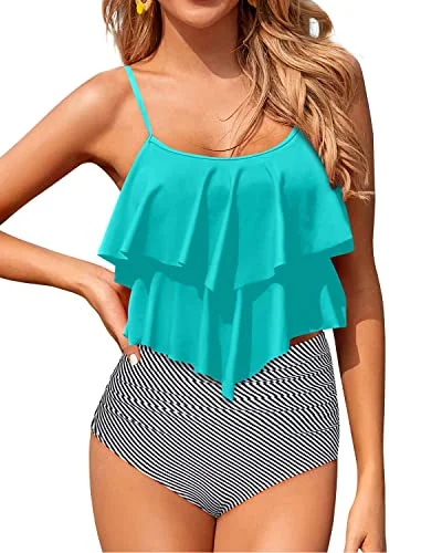 Ruffle Tankini Swimsuits For Women Two Piece Bathing Suits-Aqua Stripe