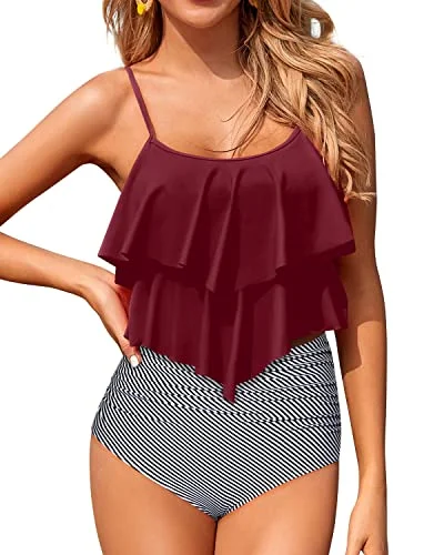 Retro Ruffle Tops Tankini Swimsuits For Women High Waisted Bottoms-Wine Red Stripes