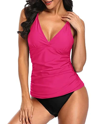 Ruched Panel Hourglass Or Pear Shape Tankini Top Bathing Suits-Neon Pink And Black