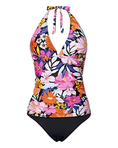 Sexy Tummy Control Two Piece Tankini Swimsuit For Women-Colorful Flowers