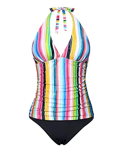 Sexy Push Up Padded Bra Two Piece Tankini Swimwear For Women-Colorful Stripes