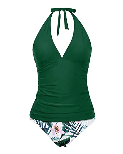 Sexy Ruched Tankini Top With Mid Waist Bikini Bottom Bathing Suit For Women-Green Tropical Floral