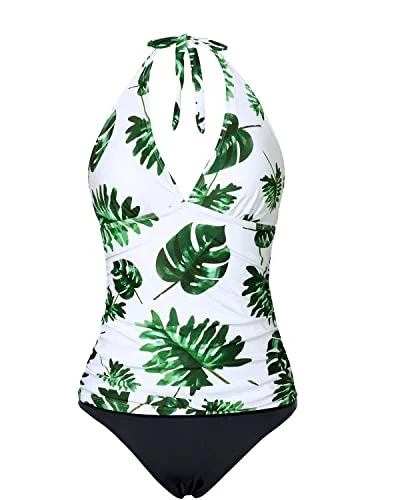 Sexy V Neck Halter Tankini Top For Women With Plump Breasts-White Leaf