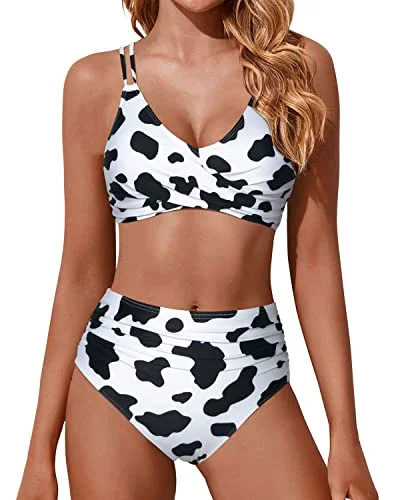 Push Up Wrap Tummy Control Bathing Suit Bottom For Women-Black And White Cow Pattern