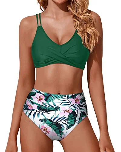 Push Up Wrap Removable Padded Cups Bikini Set Swimsuits-Green Tropical Floral