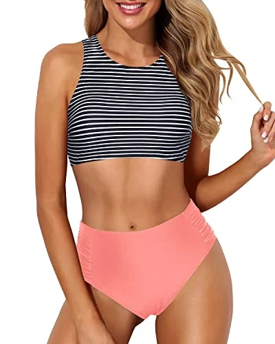 Racerback High Waisted Two Piece Bikini Set For Pregnant Women-Coral Powder Stripe