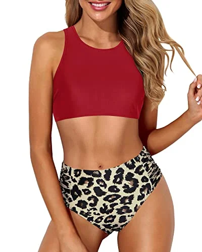 Racerback High Waisted Sports Crop Top Bikini Set For Women-Red And Leopard