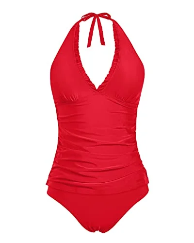 Ruffle V Neck Tankini Top With Tummy Control For Women-Red