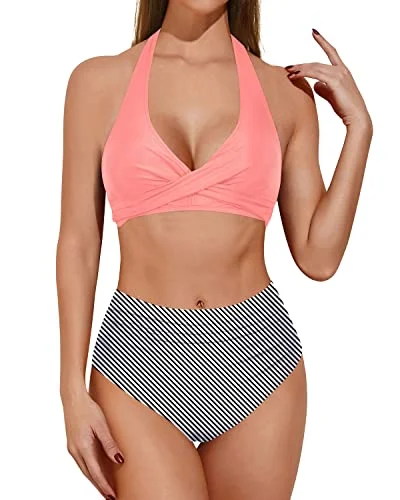 Ruched Push Up & Tummy Control Two Piece Bathing Suit-Coral Pink Stripe