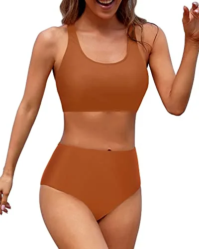 Scoop Neck Women High Waisted Two Piece Bikini Sports Crop Top Swimsuit-Brown