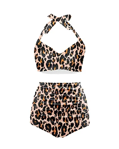 Push Up Halter Women's Sweetheart Neckline Pin Up Bikini Set-Brown Leopard