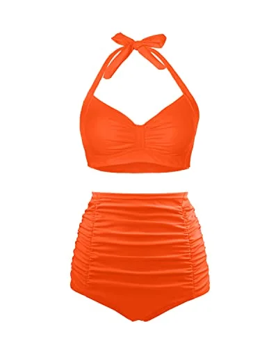 Ruched Twist Women's Swimsuit Halter Top & High Waisted Bottom Bikini-Neon Orange