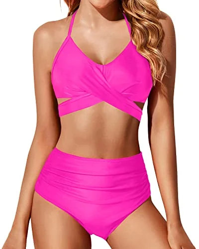 Push Up Front Criss Cross Wrap Two Piece Bikini For Women-Neon Pink