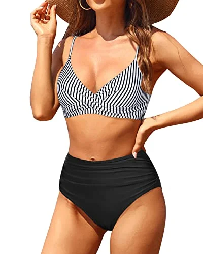 Push Up Two Piece High Waisted Bikini Set Tummy Control Bathing Suit-Black And White Stripe