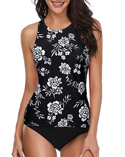 Scoop Neck Tankini Bathing Suits With Full Coverage Bottom-Black And White Floral