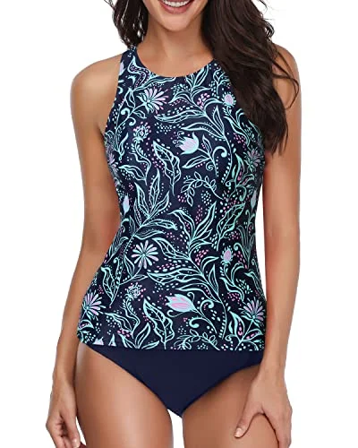 Sexy Backless Tankini Bathing Suit Two Piece Set For Women-Blue Floral