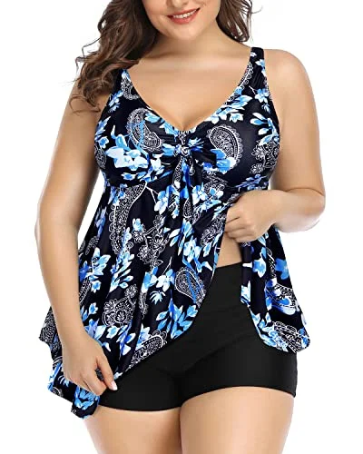 Plus Size Tummy Control Swimwear 2 Piece Tankini Bathing Suits-Black Floral