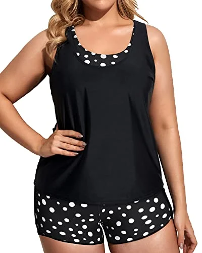 Scoop Neck Plus Size Tankini With Padded Bra And Boyshorts For Women-Black Dot