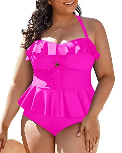 Plus Size Tummy Control Bathing Suits Swim Tops With Shorts-Neon Pink