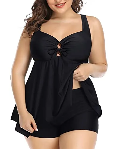 Plus Size Tummy Control Tankini Swimsuits For Women-Black