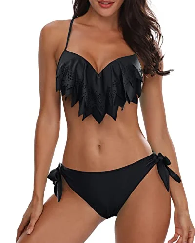 Push Up Two Piece Bikini Swimsuits Ruffle Bikini Top With Bottom For Women-Black