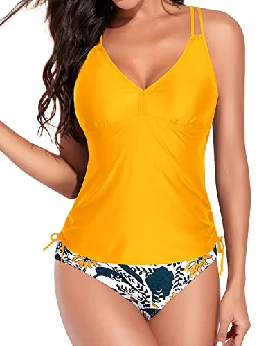 Sexy Tummy Control Two Piece Tankini Swimsuits For Women-Yellow Floral