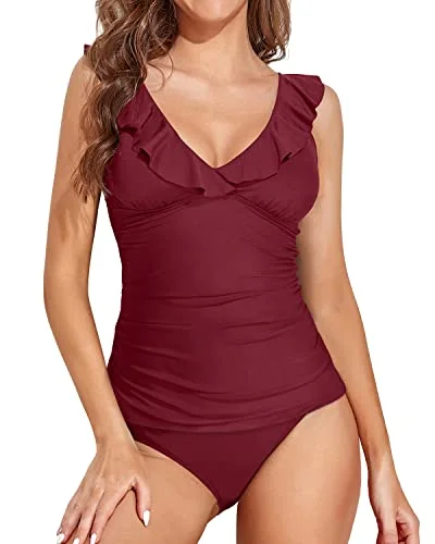 Sexy Two Piece Tankini Swimsuits For Women Tummy Control Bathing Suits-Maroon